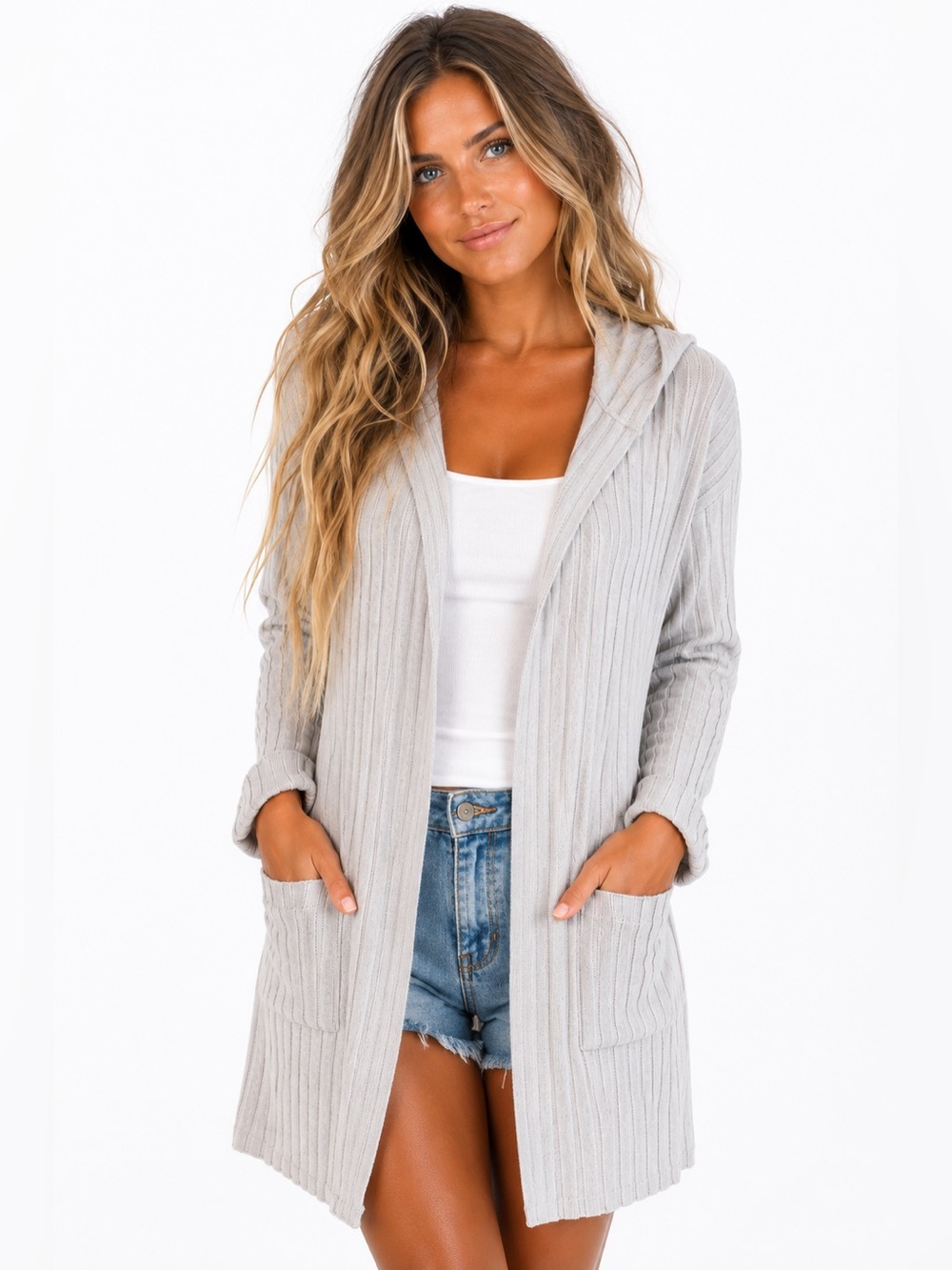 Hem & Thread Hooded Cardigan Small Gray Ribbed Open Front Pockets Soft